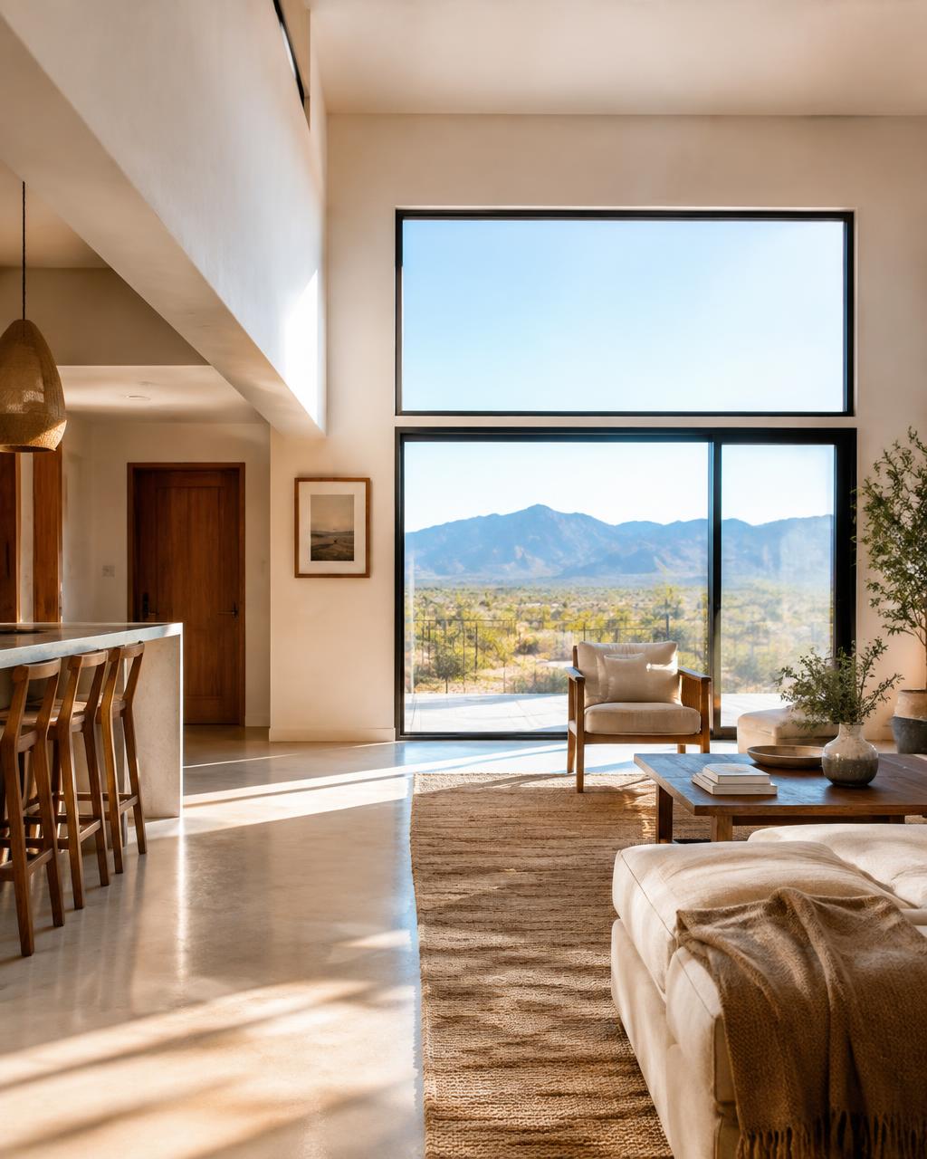 Sala luminosa de un loft moderno con ventanal y vista al desierto de Sonora
